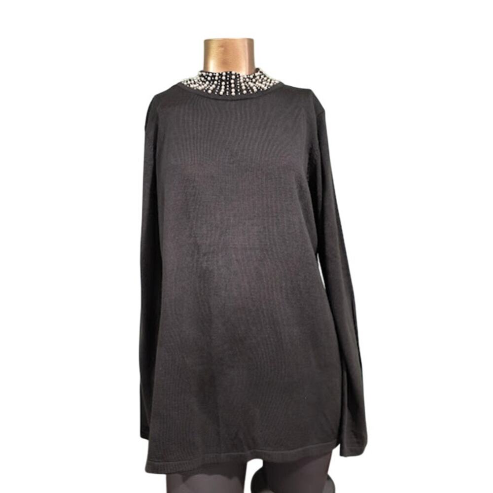 Karl Lagerfeld Paris Sweater Tunic with Pearl‎ Neck, Black, Sz L NWT